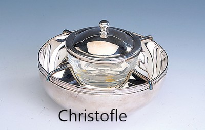 CHRISTOFLE Kaviarschale, Metall versilbert,schlichtes zeitloses Design, geriefter Rand, Glaseinsatz mit Deckel, D. ca. 14 cm, Glaseinsatz D. ca. 8 ...