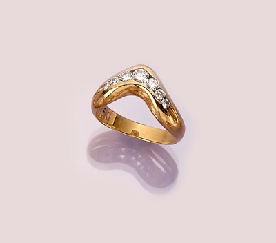 18 kt Gold Brillant-Ring, GG 750/000, 7 Brillanten zus. ca. 0.52 ct feines Weiß/vs, RW55, ca. 6.5 g, Hersteller Stadtmüller/Mannheim, Quittung von ...