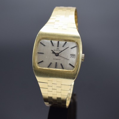 MONDIA Herrenarmbanduhr in GG 585/000, Schweiz um 1970, Automatik, Boden aufgedr., silb. Zifferbl. m. aufgel. Std.-Ind., schwarze Zeiger, Datum b. 3, ...