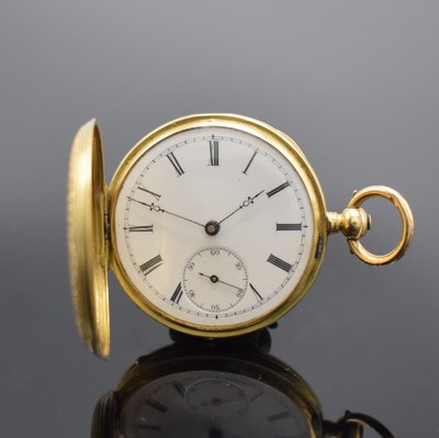 Savonette in GG 750/000, Schweiz um 1880, Schlüsselaufzug, 3 Deckel-Goldgeh. dell., Sprungdeckel (innen m. Widmung) & Rückdeckel floral grav. & ...