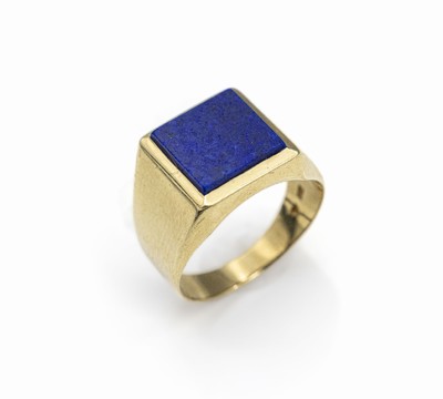 14 kt Gold Herrensiegelring, GG 585/000, Lapislazulieinlage, Meistermarke unged., total ca. 6.5 g, RW 66