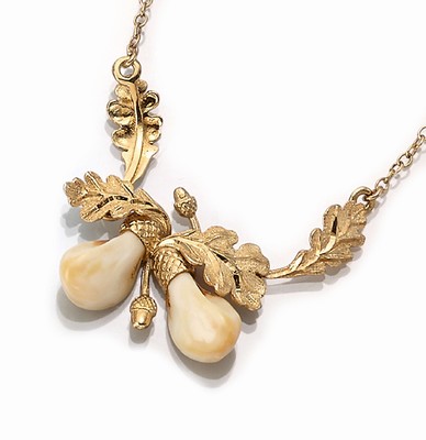 14 kt Gold Grandel-Collier, deutsch 1960/70er Jahre, GG 585/000, Eichenlaubdekor mit Eicheln, 2 große Grandeln, L. ca. 46 cm, Federringschließe, ...