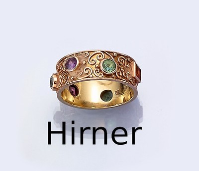 14 kt Gold Farbstein-Ring, GG 585/000, umlaufend Farbsteine in versch. Schliffformen,u.a. Topas (beh.), Türkis, Amethyst, Citrin, Turmalin, ...