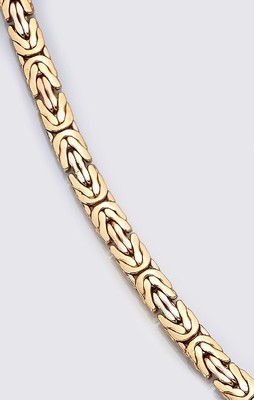 14 kt Gold Armband, ca. 16,9 g, GG/WG/RG 585/000, abgeflachtes Königskettendesign, total ca. 16.9 g, L. ca. 20 cm, Karabiner- schließe