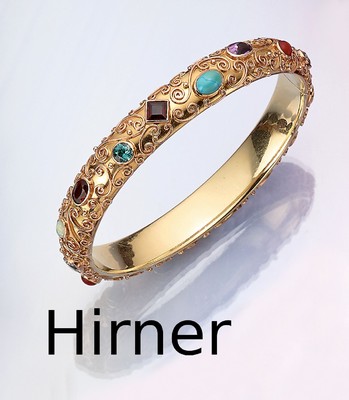 14 kt Gold Farbstein-Armreif, GG/RG 585/000, umlaufend Farbsteine in versch. Schliffformen, u.a. Opal, Turmalin, Amethyst, Topas (beh.), Citrin, ...