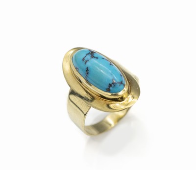 14 kt Gold Türkis-Ring, GG 585/000, ovaler Türkismatrix-Cabochon, total ca. 4.9 g, RW 59