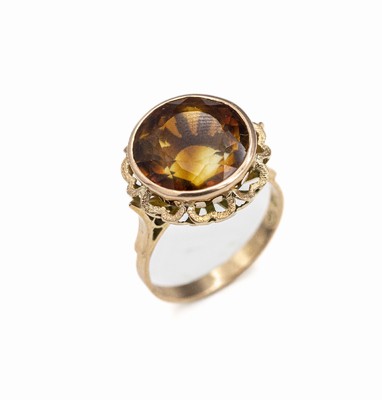 14 kt Gold Citrin-Ring, GG 585/000, rundfacett. cognacfarb. Citrin, Fassung z. T. mattiert, total ca. 6.2 g, RW 59