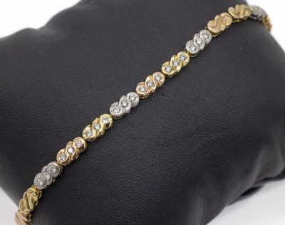 18 kt Gold Brillant-Armband, GG/WG/RG 750/000, WG seidenmattiert, 7 Glieder mit 21 Brillanten zus. ca. 0.48 ct feines Weiß/si, ca. 17.3 g, L. ca. ...
