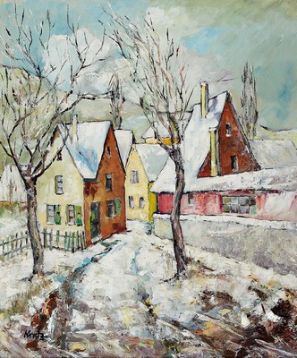 Kratz, Maler der Mitte des 20. Jh., Verschneite Stadtansicht, Öl/Hartfaser, links unten signiert, ca. 60x50cm, R. ca. 77x67cm