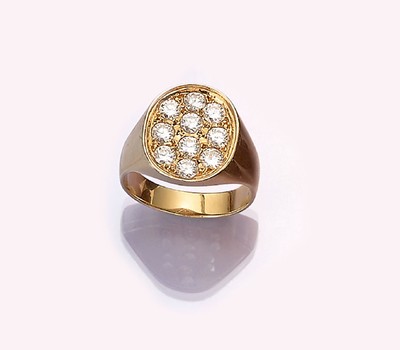 14 kt Gold Brillant-Ring, GG 585/000, ovaler Ringkopf, 10 Brillanten zus. ca. 2.00 ct Weiß/si, RW 63, ca. 13.1 g