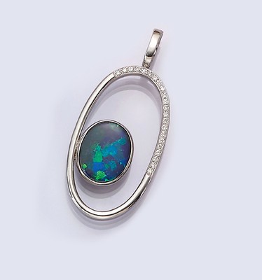 18 kt Gold Opal-Brillant-Anhänger, WG 750/000, ovaler Opal ca. 262 ct, z.T. mit Brillanten zus. ca. 0,14 ct Weiß/si, ca. 8,4 g, Meistermarke GHL ...