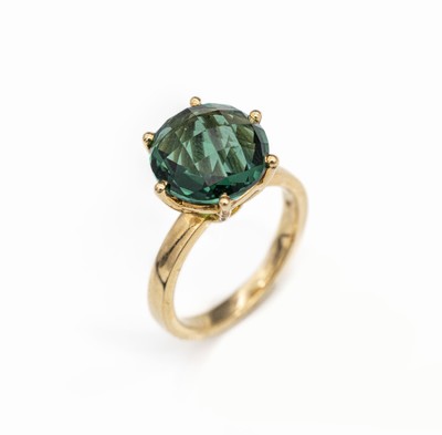 18 kt Gold Quarz-Ring, GG 750/000, grüner, rundfacett. Quartz ca. 3.0 ct, RW 55, ca. 7.6 g