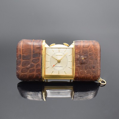 MOVADO Ermetophon Schiebeuhr mit Wecker, Schweiz um 1960, Aufzug durch öffnen & schließen der mit Leder bezogenen Gehäuseschalen, verg. Geh., ...
