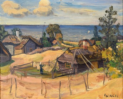 Werner Höll, 1898 Freiburg-1984 Reutlingen, Studium an der Akademie Karlsruhe u.a. bei Albert Haueisen, Küstenlandschaft, Fischerdorf mit Blick auf ...