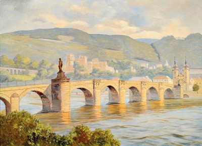 Monogrammist C.H., Künstler der Mitte des 20. Jh., Blick über die Alte Brücke auf das Heidelberger Schloß, links unten monogrammiert Öl/Lwd, ...