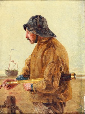 Max Hecker, 1864-1945, Fischer am Strand, charakterisiert durch ausgezogenes Fernglas, Hüftbild im Profil, rechts unten signiert, Öl/Holzplatte, ...