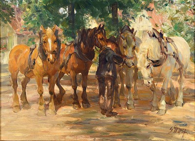Erich Wolf, 1882 - 1962, Bauer mit vier Pferden, Öl/Holz, re. unten signiert, ca. 40 x 55 cm, Prunkrahmen l. beschädigt, ca. 56 x 70 cm