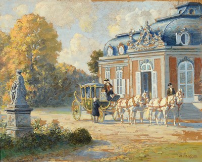 Adolf Hosse, 1875 Hanau - 1958, Kutsche vor Schloß Benrath, Öl/Malkarton, signiert, rückseitig auf Etikett bez. "Schloß Benrath" , ca. ...