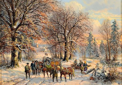 Hubert Kaplan, geb. 1940, Holzarbeiter im winterlichen Wald, Waldarbeiter, Förster und andere Personen im Gespräch bzw. bei der Arbeit, ...