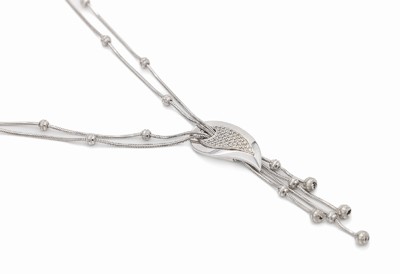 14 kt Gold Brillant-Collier, WG 585/000, Similisteinbesatz, Kette 2-reihig, Abhängungenmit Kugelornamenten L. ca. 45 cm, Karabiner- schließe, ...
