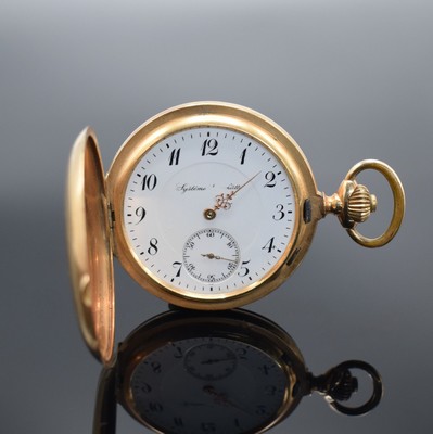 SYSTEME GLASHÜTTE Savonette in RoseG 585/000, Schweiz um 1900, 3-Deckel Goldgeh. m. a-goutte-Schlüssen dell., Emailzifferbl. m. arab. Zahlen ...