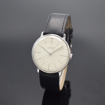 JUNGHANS Armbanduhr Max Bill Design in Stahl Referenz 27.3700 509, Deutschland um 2010, Handaufzug, Boden aufgedr., orig. Junghans Lederband m. ...