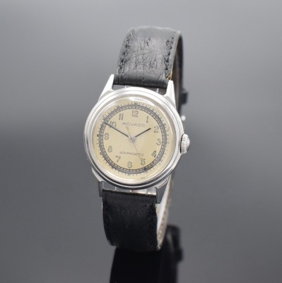 MOVADO Armbanduhr in Stahl Referenz 14760, Schweiz um 1945, Handaufzug, verschr. F.B. Geh., orig. Krone, silb. Zifferbl. rest., arab. Zahlen, ...