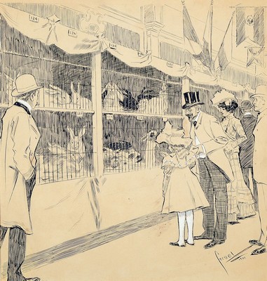 Edward Cucuel, 1875 - 1954, "Kaninchenschau", Tuschefederzeichnung mit Deckweiß gehöht, re. unten handsigniert und datiert 1901, Blattgr. ...