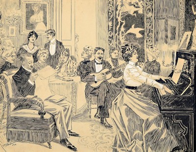 Edward Cucuel, 1875 - 1954, "Im Salon Abends", Tuschfederzeichnung mit Deckweiß gehöht, re. unten handsigniert und datiert 1901, Blattgr. ...
