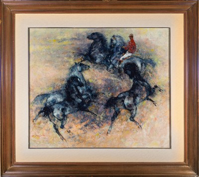 Denes de Holesch, 1910 Beszercebanya - 1983 Budapest, Pferde mit Trainer, Öl/Lwd, signiert, ca. 60 x 73 cm, Rahmen