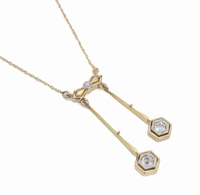 14 kt Gold Jugendstil-Collier, um 1910, GG 585/000, Similisteine, bewegliche Abhängungen, L. ca. 45 cm, Kastenschloß mit Sicherheitsacht, ca. 3.4 g