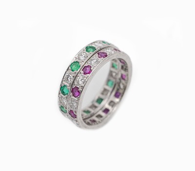 Platin Farbstein Ring Duo, Platin gepr., 1 x 11 rundfacett. Rubine zus. ca. 0.50 ct und11 Brillanten zus. ca. 0.50 ct Weiß/si; 1 x 11 rundfacett. ...