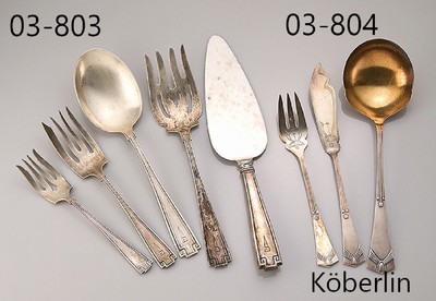 Jugendstil Fischbesteck für 6 Personen, deutsch um 1910, 90er Silberauflage, Meistermarke GK - Gebr. Köberlin/Döbeln, streng geometrischer ...