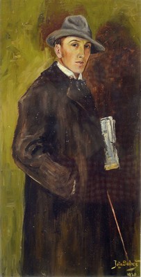 Joza Dobez, erste Hälfte 20. Jh., junger Mann mit einer Zeitung unter dem Arm, Öl/Karton, re. u. signiert und dat. 1920, ca. 36 x 18 cm, unter ...