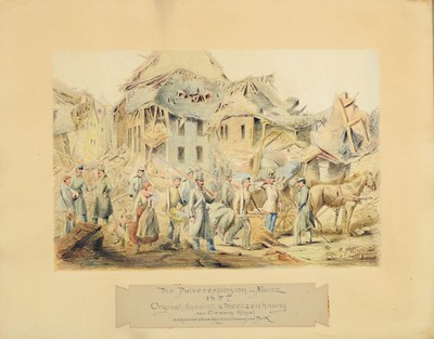 Clemens Kissel, 1849 Mainz - 1911, "Die Pulverexplosion in Mainz 1857," Original Aquarell und Pastell auf Papier, nach einer alten ...