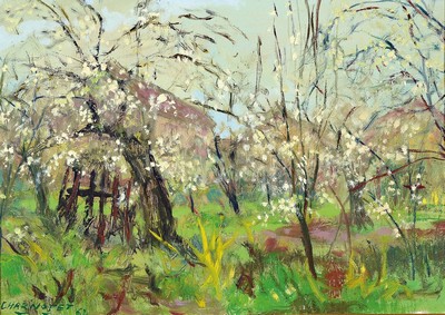 Jean Charnotet, 1930 Paris 1978, Gartenlandschaft mit blühenden Bäumen, li. u. signiert und dat. 62, ca, 33 x 46 cm, Rahmen ca. 42 x 55 cm