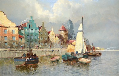 Georg Fischhof, 1859 - 1914 Wien, wohl niederländischer Hafen mit ankernden Schiffen und vielen Personen am Kai, Öl/Lwd, li. unten signiert mit ...
