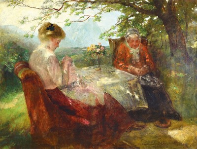 Emanuel Spitzer, 1844 Papa/Ungarn - 1919 Waging am See, großformatiges Genrebild, junge und alte Frau beim Stricken vor Alpenpanorama, Szenerie ...
