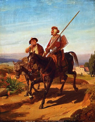 Unbekannter Künstler, 2. Hälfte 19. Jh., Don Quijote und Sancho Panza, Öl/Holz, feine differenzierte Farbgebung, schöne Lichtführung, ...
