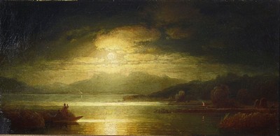 Monogrammist W, datiert 1882, Mondlandschaft im Gegenlicht, re. u. monogrammiert und dat., altersbedingt besch., ca. 31 x 63 cm, Rahmen ca. 48 x 80 ...