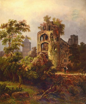 Fritz Brehm, 2. Hälfte 19. Jh., romantische Ruinenlandschaft mit Paar, Öl/Lwd, re. u. signiert, reiche Differenzierung in den Grün- und ...