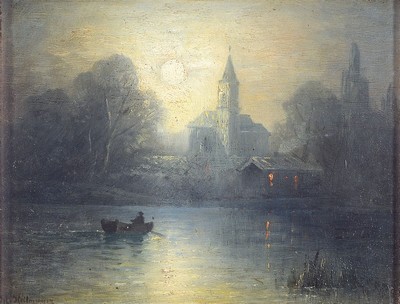 Karl Heilmayer, 1829-1932 München, Studium an der Akademie München, "Kirche am Starnberger See" so verso bez., Mondscheinlandschaft, ...
