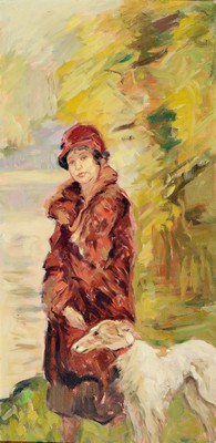 Unbekannter Künstler, 1920er/30er Jahre, Junge Frau mit Windhund, Öl/Lwd/Holz, 80x40cm