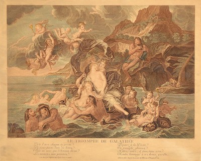 Claude Duflos, 1665-1727, Le triomphe de Galathée, kolorierter Kupferstich nach einem Gemälde von Antoine Coypel (1661-1722), gebräunt, ca. ...