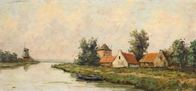 Unbekannter Künstler, Niederlande, um 1900, niederländische Landschaft mit Fluss, Windmühle und Bauernhäusern, Öl/Holz, ca. 33x69cm, R. ca. ...