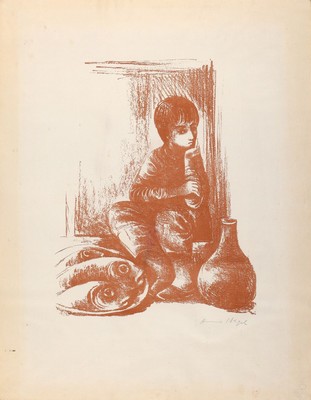 Hanna Nagel, 1907-1975 Heidelberg, Kind mit Fischen, Lithographie von 1953, rechts unten handsigniert, ca. 62x47cm, leicht gebräunt, u.Gl., R.