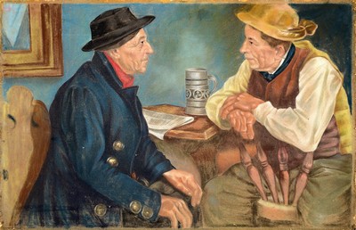 Unbekannter Künstler, süddeutsch, um 1900, zwei Bauern in der Stube, Pastell auf Papier, unsigniert, ca. 64x99cm, gewölbt, Randschäden