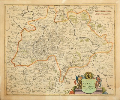 Johann Joachim Püschel, Nürnberg, 18. Jh., kolorierte Kupferstichkarte des Vogtlandes, Wappenkartusche, geglättete Bugfalte, gebräunt, ca. ...