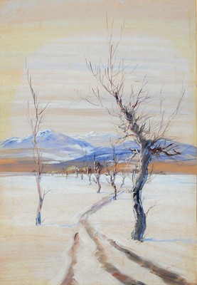 Gertrude Hecker, 1900-1983, Münchener Malerin, Verschneite Winterlandschaft in den Voralpen, Aquarell auf Papier, rechts unten signiert, ca. ...