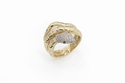 14 kt Gold Diamant-Ring, GG 585/000, Meistermarke DIEMER/Pforzheim, Kopf mit in WG gefassten Brillanten zus. ca. 0.23 ct Weiß/si,2 kl. Saphire als ...